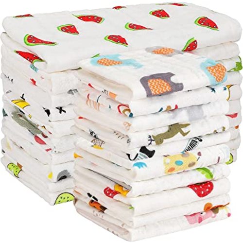 Kenning 20 Pack Muslin Baby Burp Cloths Large 20 x 10 Inches and 10 x 10 Inch Cotton Baby Burp Rags Cute Baby Towel and Washcloths Face Towels 6 Layers Absorbent for Baby Infant Shower, 20 Styles