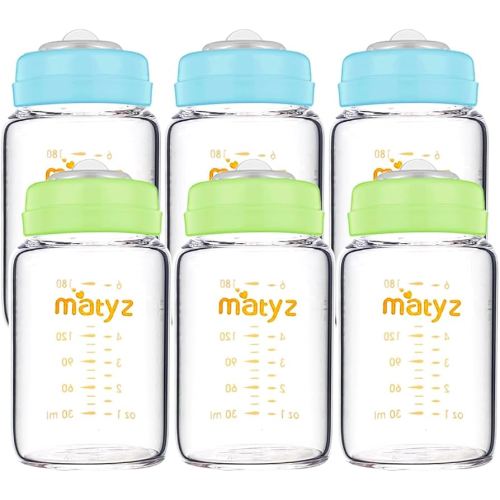Matyz Glass Breastmilk Storage Bottles, 6 Pack, 6 oz, Sturdy Glass Bottle for Milk Freezing and Baby Feeding - Pumping Bottle for Philips Medela Spectra Breast Pumps - No BPA (3 Green & 3 Blue Lids)