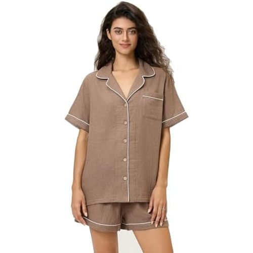 BESTOUCH Women's Pajama Sets 100% Pure Cotton Muslin Linen Feel Sleep Shorts Pjs 2 Piece Soft Sleepwear Lounge Set for Women