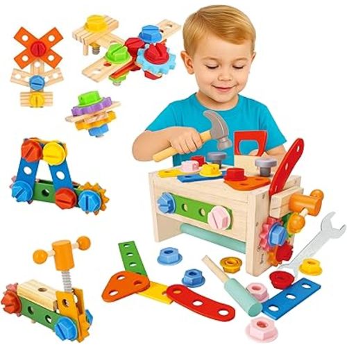 RAISUL Wooden Tool Set for Kids – 35 Pieces Wooden Toddler Tool with Box – Montessori STEM Educational Pretend Play Construction Toy for 3 to 13 Year Old Boys Girls – Best Birthday Gift