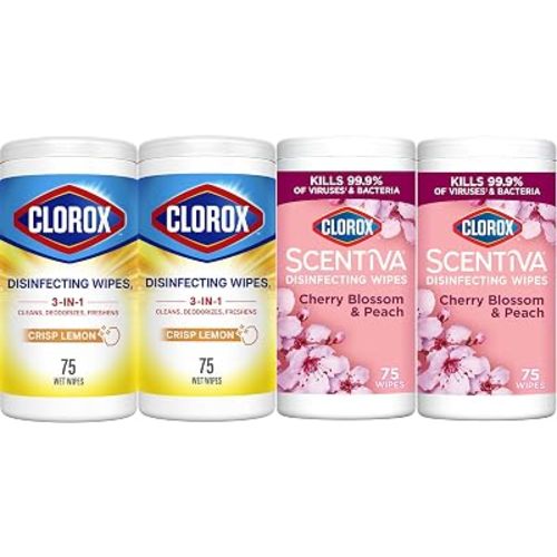 Clorox Disinfecting Wipes Variety Bundle, 2 Crisp Lemon & 2 Cherry Blossom, 300 Total Wipes