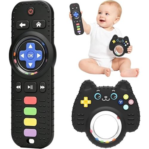 Chuya Baby Toys Baby Remote Control Teething Toys,2 Pack Silicone Teether Rattles for 0 6 12 24 Months Infants, Sensory Development Teething Relief,Black