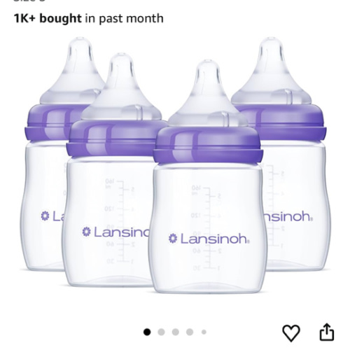Lansinoh Anti-Colic Baby Bottles for Breastfeeding Babies, 5 Ounces, 4 Count, Includes 4 Slow Flow Nipples, Size S