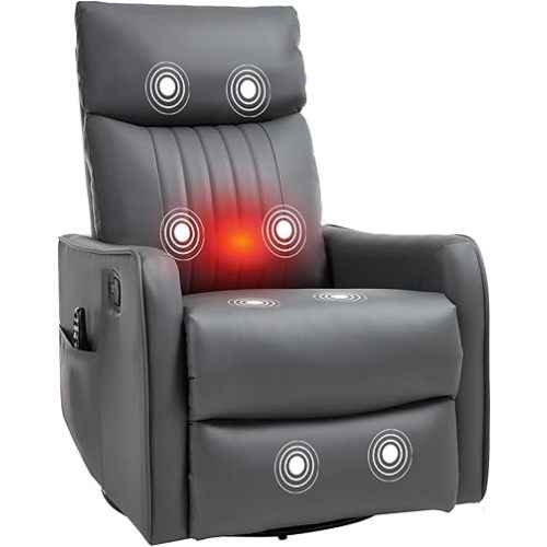 PELUMY Recliner Chair Swivel Rocking with Heat Massage - 360° Manual Recliner, 8-Point Vibrating & Lumbar Heat, Easy Assembly Chair for Living Room (Breathable Leather, Grey)