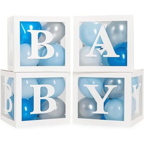 Baby Shower Boxes with Letters – White Boxes with Blue, Silver & White Balloons – 44-Piece Gender Reveal & Party Decoration Set by Vellax