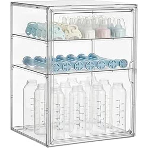 HBlife Baby Bottle Storage Organizer for Countertop Cabinet, 3 Tiers Adjustable Clear Acrylic Bottles Storage Station Case Box Container with 2 Removable Dividers and Magnetic Door, X-Large