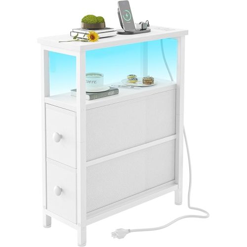 TIQLAB End Table with Charging Station, Narrow Side Table with 2 Fabric Drawers, Nightstand with LED Light, Slim Bedside Table for Bedroom, Living Room, Small Spaces, White