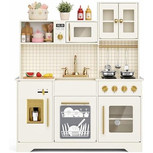 Kinder King Wooden Play Kitchen for Kids, Storage, Accessories, Beige