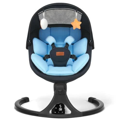 Electric Baby Swing Remote/Touch 5-Speed Bluetooth 12 Melodies Blue | Portable for indoor/outdoor,Rear-view mesh window,3 timer 8/15/30min,5-point harness,0-6 months & Up to 20 lbs