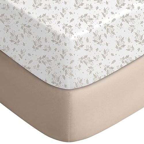 Yoofoss Pack and Play Sheets Fitted, Mini Crib Sheets 2-Pack for Pack N Play Mattress, Stretchy Playard Sheet, Soft and Breathable Brown+Leaf