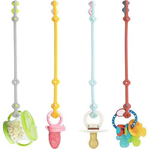 Toy Safety Straps 4PK Stretchable Silicone Pacifier Clips Baby Toddler Teether Bottle Harness Straps for Strollers,High Chair,Shopping Cart,Cribs,Exersaucer