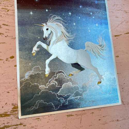 80s Unicorn Dufex Print - Vintage 1980s Fantasy Art Foil Screenprint