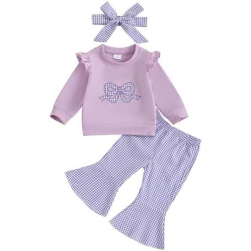 fhutpw Infant Baby Girl Fall Clothes Toddler Winter Outfits Ruffle Sleeve Sweatshirts Plaid Bell Bottom Pants Headband Set