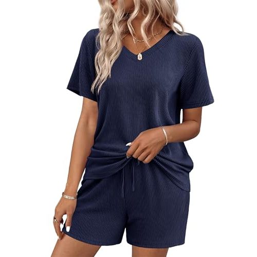 Ekouaer Womens Pajama Sets Short Sleeve Knit Lounge Set 2 Piece Pj Sets for Women V Neck Casual Loungewear