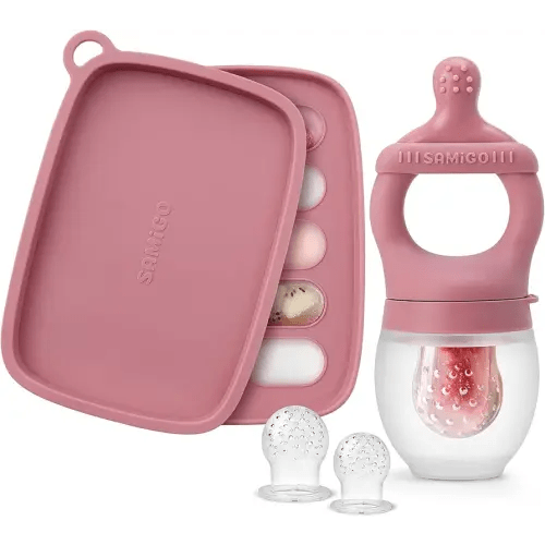 SAMiGO Baby Food Fruit Feeder and Breastmilk Popsicle Mold Set, Silicone Fruit Teether, Food Feeder Pacifier for Teething Relief, Freezer Tray, Baby Feeding Essentials, 4 Months+