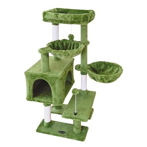 KIYUMI Cat Tree Cat Tower Condo with Sisal Scratching Post for Indoor Cats Cat Tree Cat Furniture with Hammock Perch and Kitten Ball Toys, Multi-Level Pet Activity Center Green
