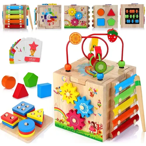 HELLOWOOD Wooden Kids Baby Activity Cube, 8-in-1 Toys Gift Set for 12M+ Girls & Boys, Bonus Sort & Stack Board, Montessori Learning Toys for Toddlers 1-3, 1st Birthday Gift-Pink Packaging