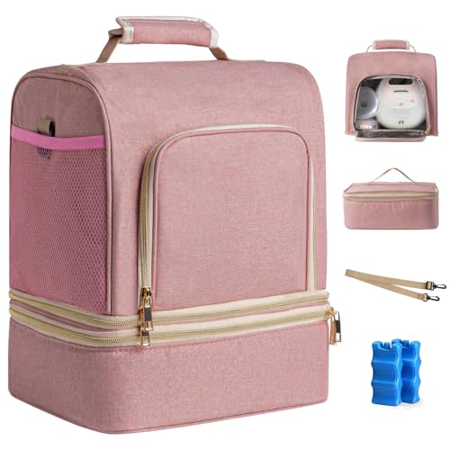NCVI Breast Pump Backpack, Double Layer Removable, for Spectra/Medela, Pink | Cooler bag with ice pack keeps milk cold 24hrs, holds pump & parts, USB charging port, comfortable straps for travel ease