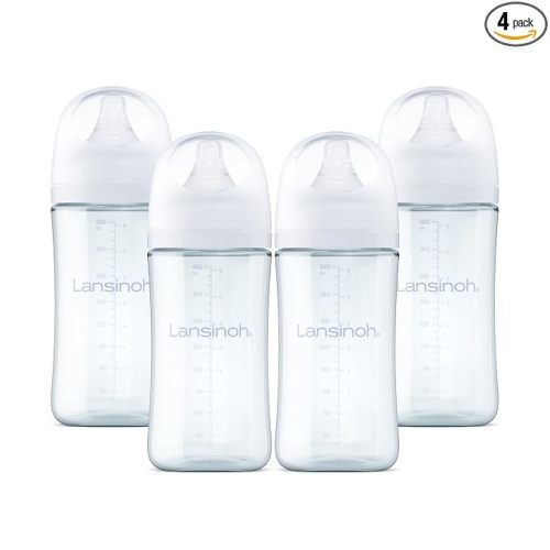 Lansinoh Glass Baby Bottles, Anti-Colic, White, 8oz, 4 Count, with Medium Flow Nipples (Size M, 3-6 Months), Baby Feeding Essentials