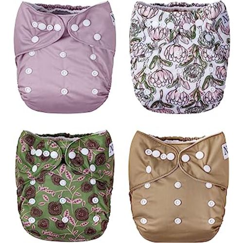 Nora's Nursery Cloth Pocket Diapers 4 Pack with 4 Inserts - Waterproof Cover, Washable, Reusable & One Size Adjustable Pocket Diapers for Newborns and Toddlers - Meadow