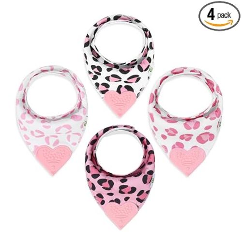 Pickle & Olive - Baby Bandana Girl Teething Bibs with Attached Silicone Teether - Set Of 4 -Leopard