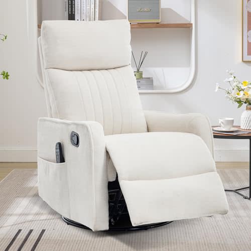 Trustyue Swivel Rocker Recliner Chair, 360° Swivel Recliner with Heat and Massage, Rocker Recliner Upholstered Fabric Nursery Glider Recliner Chair with Side Pockets for Living Room Light Beige