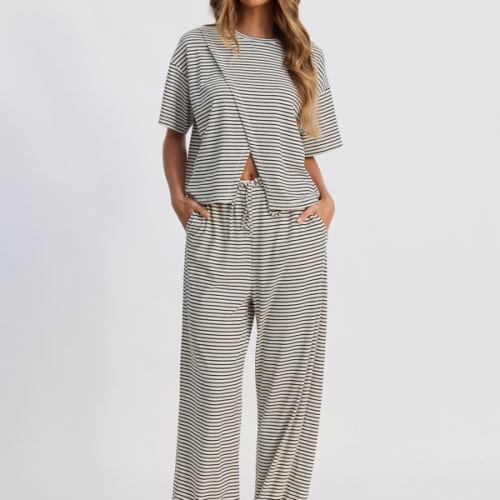 Breastfeeding Friendly Ivy Stripe Wrap Tee - Cream Marle / Black – Apero Label