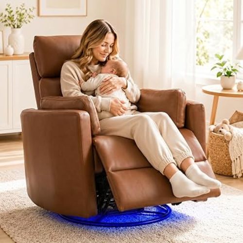 IPKIG Power Swivel Recliner Nursery Rocking Glider Chair, PU Leather, Brown