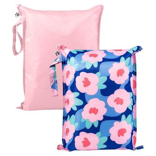 Tiny Twinkle Mess-Proof Waterproof Washable Baby/Toddler Wet Bags for Diapers, Swimsuits and Travel (Blue Floral)