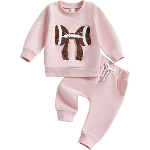 Karuedoo Toddler Baby Girl Football Clothes Football Bow Embroidery Long Sleeve Sweatshirt Top Pants Set 2Pcs Fall Outfits (Pink, 0-6 Months)