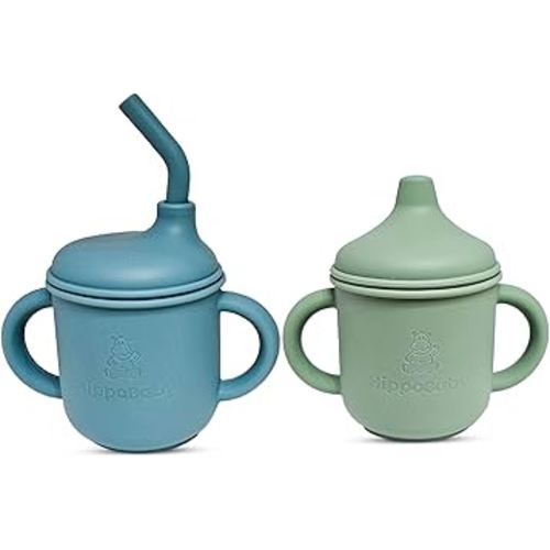 Silicone Transition Sippy Cup for 6+ month old | Includes 1 Toddler straw cup & 1 Baby Sippy Cup with Handles 5 oz | Perfect for Baby Led Weaning (Sky/Mint, 5 oz)