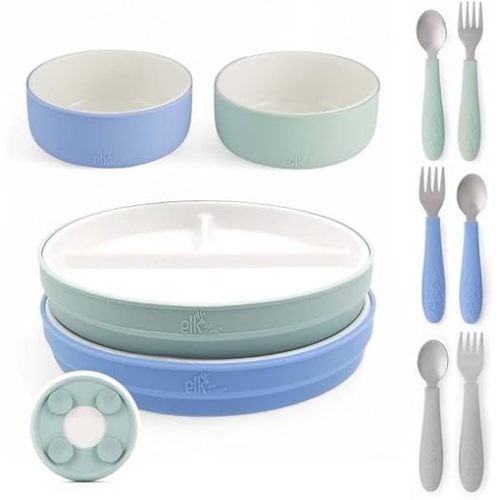 Elk and Friends Kids Porcelain Mealtime Bundle Suction Sleeves | 10 Pcs Dinnerware Set | Plates Bowls & Toddler Utensils | Microwave & Dishwasher Safe