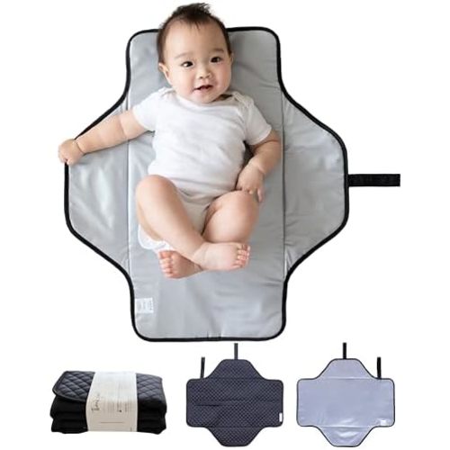 Baby Changing Pad Portable, Diaper Changing Mat with Magnetic Latches, Waterproof Travel Pad for Diaper Bag, Newborn Essentials, Gift for Baby Shower and Registry (Black Twill, Large)