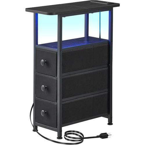 DALEMHOME Narrow End Table with Charging Station, Narrow Side Table with Drawer, Small Nightstand with LED Light, Skinny Nightstand, Small Bedside Table for Living Room, Bedroom, Couch, Black