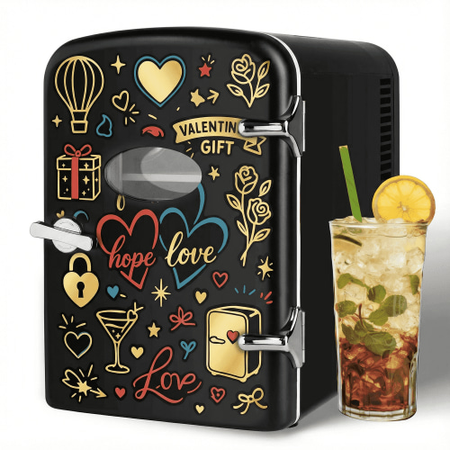 Simple Deluxe Black Mini Fridge – 4L Skincare & Beverage Cooler Warmer with Window, Aesthetic & Freon-Free – Romantic Valentine's Day Gift with Cute Stickers