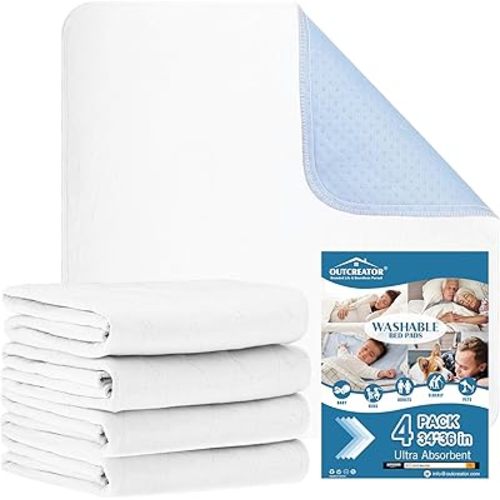 OUTCREATOR® Washable Bed Pads 34" x 36" (Pack of 4), Incontinence Mattress Protector, Anti-Slip Waterproof Underpads for Adults Kids Elderly Pets, Absorbency & Reusable Bedwetting Pads (White)