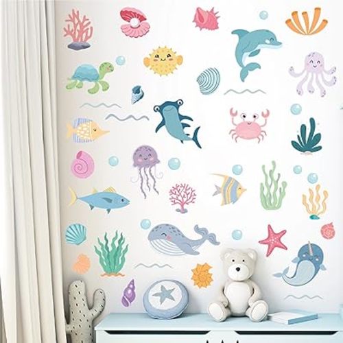 CELAENO Watercolor Ocean Animals Wall Decals - Peel and Stick Under the Sea Theme Wall Art for Kids Room, Bedroom, Playroom, Nursery Decor