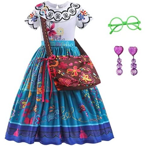 Encanto Mirabel Costume for Girls Cosplay Isabella Outfit Princess Halloween Dress Up With Earrings