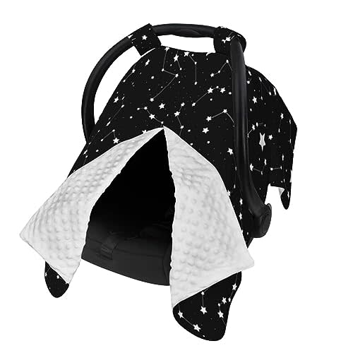 9CH Car Seat Covers for Babies, Peekaboo Opening Minky Car Seat Cover for Baby Mom Nursing Breastfeeding Covers, Winter Minky Baby Carrier Cover for Girls Boys (Black Star)