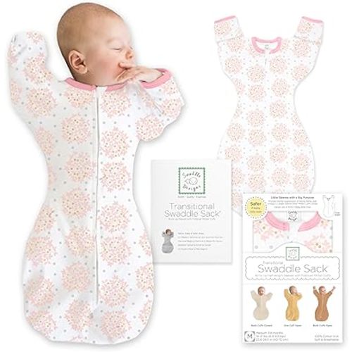 SwaddleDesigns Transitional Swaddle Sack, Arms Up Half-Length Sleeves & Mitten Cuffs, Swaddle for Newborn Transition to Baby Sleep Sack Wearable Blanket, 0-3 month, 6-14 lb, Heavenly Floral Pink