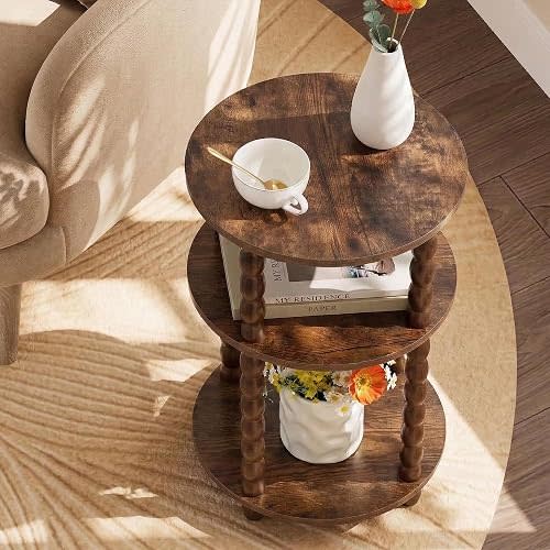 3-Tier Round Side Table, Small End Table with Solid Wood Spindle Legs Brown