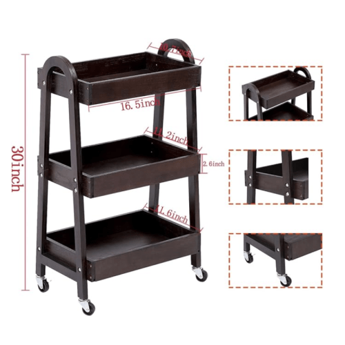 3-Tier Wooden Rolling Cart- Wooden Utility Cart wit Wheels- Utility Rolling Cart-Storage Trolley Organizer- Rolling Kitchen Cart Serving Cart for Office,Kitchen, Kids' Room (Walnut Color)