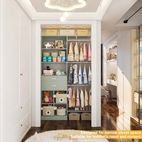 Homieasy 19'' - 60'' W Closet System with Wooden Drawers and Hanging Rods(Cut to Fit), Crab Green
