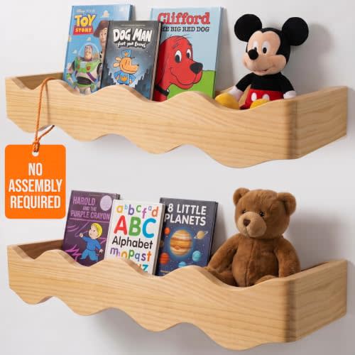 Ovalo Nursery Book Shelves Set of 2 - Solid Pine Wood Nursery Bookshelf, Floating Nursery Shelves for Wall, Wall Bookshelf for Kids Room, No-Assembly Wall Mounted Baby Book Shelf. (Natural Wood)