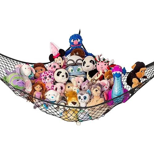 Stuffed Animal Hammock, Large | Corner Stuffed Animal Storage & Plushie Net | Toy Hammock for Stuffed Animals | Holds 12lbs | Easy Hang, All Hardware Included | Black Bedroom Decor | by Lilly's Love