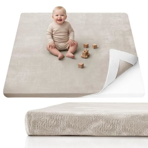 Blissful Diary 1.3" Thick Baby Play Mat, 50x50 Playpen Mat with Removable & Washable Cover, Ultra Soft Crawling Rug for Floor, Foam Cushion & Non-Slip Backing for Kid, Toddlers and Infants, Beige