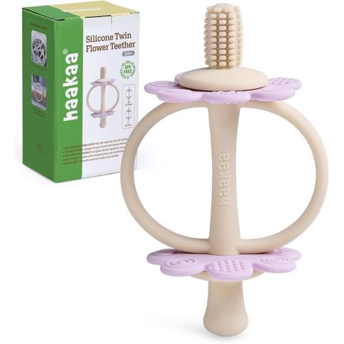 haakaa Silicone Twin Flower Teether,Nipple-Shaped End for Gum Massage,360° Baby Toothbrush Head for Self-Brushing Training,Easy to Grip - Lavender