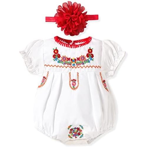 Newborn Baby Girl Mexican Ethnic Embroidery Floral Bodysuit With Headband
