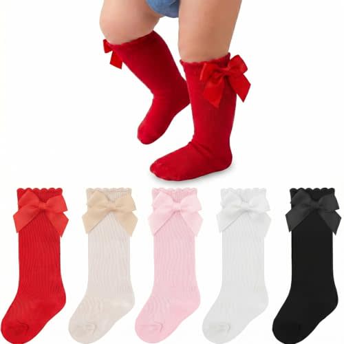 Baby Girl Knee High Socks with Bows Soft Cotton Ruffle Long Stockings Smooth Sole Infant Toddler Uniform