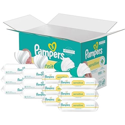 Pampers Sensitive Baby Wipes, Water Based, Hypoallergenic and Unscented, 8 Flip-Top Packs, 4 Refill Packs (1008 Wipes Total)